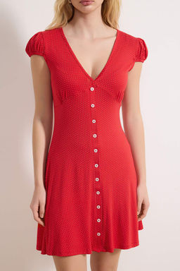 K?rm?z? Puantiyeli Belden Ac?lan V Yaka Dugmeli Mini Yumusak Orme Elbise TWOSS26EL00019
