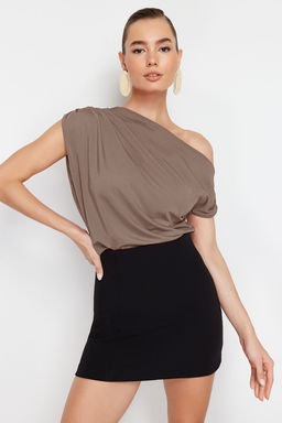 Vizon Regular/Normal Kal?p Asimetrik Yaka S?f?r Kol C?tc?tl? Esnek Orme Bluz TWOSS24BZ00396