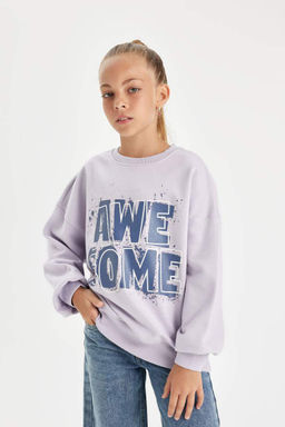 Сиреневый свитшот оверсайз с широким кроем и круглым вырезом с принтом для девочек