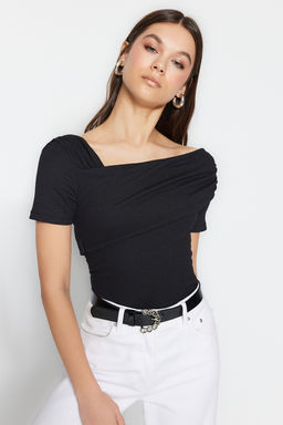 Siyah Asimetrik Yakal? Fitted/Vucuda Oturan C?tc?tl? Orme Body TWOSS23BD00060