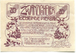 Банкнота 20 геллеров 1920 года Австрия  Пирбах (нотгельд)