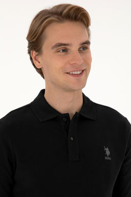 Erkek Regular Fit Polo Yaka Siyah Basic Sweatshirt