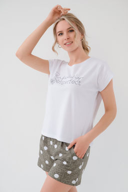 Пижама женская из футболки и шорт из кулирки Алиса горох хаки - Амадэль фото 6