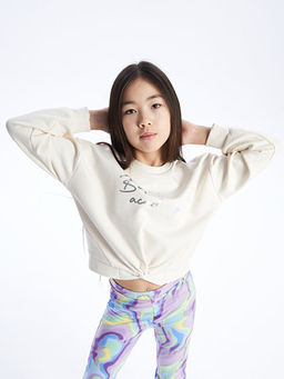 Bisiklet Yaka Bask?l? Uzun Kollu K?z ?ocuk Sweatshirt