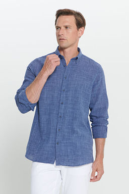 Slim Fit Dar Kesim %100 Pamuk D__meli Yaka Lacivert G_mlek YDA202420011LAC