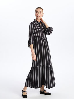 G?mlek Yaka ?izgili Uzun Kollu Elbise