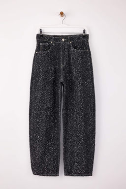 Siyah Dokulu Kumas Yuksek Bel Barrel Baggy Jeans TWOSS26JE00057