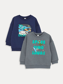 Bisiklet Yaka Uzun Kollu Bask?l? Erkek Bebek Sweatshirt 2li