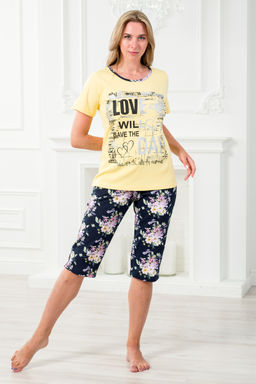 Пижама женская домашний из футболки и бридж Букетик желтый темно-синий с принтом LOVE - Амадэль фото 2