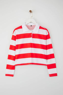 Turuncu Cizgili Polo Yaka Relaxed Crop/Rahat K?sa Orme T-shirt TWOAW26TS00011 - Trendyolmilla фото 7