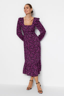 TRENDYOLMILLA Kahverengi Cicekli A Kesim F?rf?rl? %100 Viskon Dokuma Elbise TWOAW24EL00755