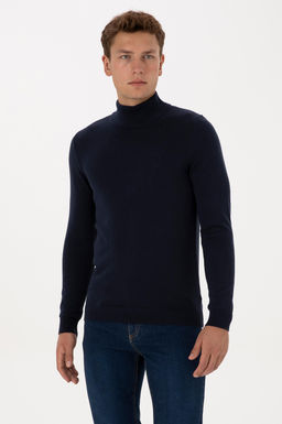 Erkek Slim Fit Yar_m Bal_k__ Yaka Lacivert Basic Kazak