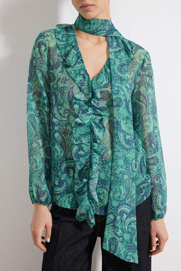 Yesil Sal Desenli Boho Transparan Sifon Dokuma Bluz TWOSS26BZ00216