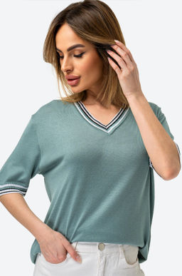 Женская футболка из вязаного трикотажа с V-образным вырезом Happy Fox  фото 42