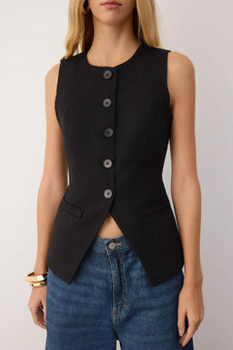 Siyah Fitted Tuvit Dokuma Belden Oturan Yelek TWOAW26YE00049 - Trendyolmilla фото 3