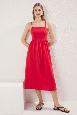 K?rm?z? Duz A Kesim Fiyonklu Midi Dokuma Elbise TWOSS25EL00559 - Trendyolmilla фото 2