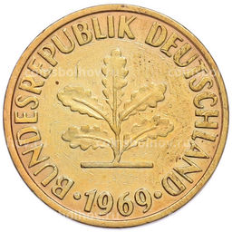 Монета 10 пфеннигов 1969 года J Западная Германия (ФРГ)