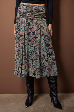 Cok Renkli Maxi Buzgu/Drape Detayl? Boho/Boho Chic Baskl?l? Tul Esnek Orme Etek TWOAW26ET00122