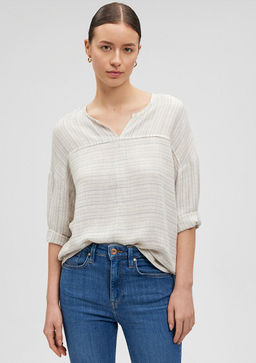 Keten Kar?s?ml? Cizgili Bej Bluz