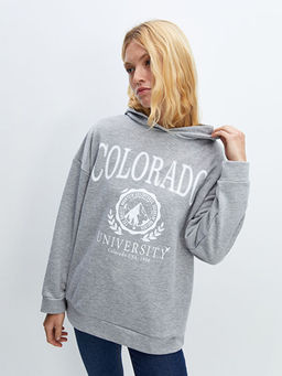 Kap??onlu Bask?l? Oversize Kad?n Sweatshirt Tunik