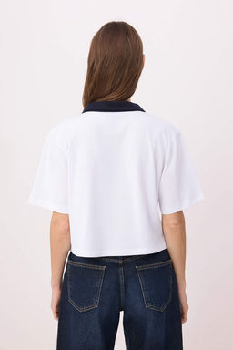 Beyaz Bask?l? Boxy Kal?p Polo Yaka Dusuk Kol %100 Pamuk Orme T-Shirt TWOSS26TS00187 - Trendyolmilla фото 4