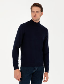 Lacivert Slim Fit Yar_m Bal_k__ Yaka Basic Triko Kazak