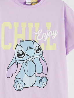 Stitch Bask?l? Bisiklet Yaka K?z ?ocuk Ti??rt