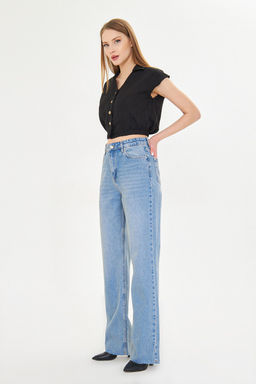 TRENDYOLMILLA Mavi Pacas? Kesikli Soluk Efekt Vintage Yuksek Bel Straight Jeans TWOAW25JE00378 фото 13