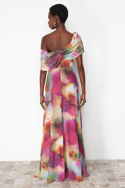 Cok Renkli A-Kesim Astarl? Asimetrik Yaka Sifon Dokuma Uzun Ucus Ucus Abiye Elbise TPRSS24AE00055 - Trendyolmilla фото 6