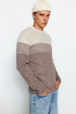 TRENDYOL MAN Bej Slim Fit Dar Kesim Bisiklet Yaka Renk Bloklu Kazak TMNAW21KZ0543 - Trendyolmilla фото 3