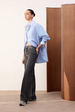 Trendyolmilla Wardrope Essentials Antrasit DOKUMLU Yuksek Bel Wide Leg Jeans TWOSS26JE00128