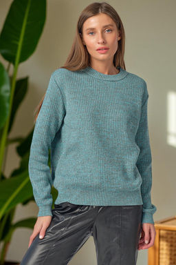 Джемпер вязаный свободный из хлопка бирюзово-бежевый меланж