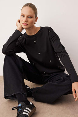 Siyah Soft Touch Kusgozu Detayl? Interlok Relaxed/Rahat Kesim Orme Bluz TWOAW26BZ00258 - Trendyolmilla фото 2