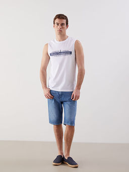 Bisiklet Yaka Bask?l? Erkek Kolsuz Ti??rt