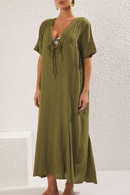 Haki Dokuma Baglama Detayl? Maxi Plaj Elbise TBESS25EL00022