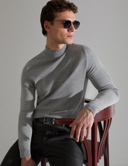 Gri Melanj Slim Fit Yar_m Bal_k__ Yaka Basic Triko Kazak