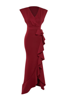 Bordo F?rf?r Detayl? Dokuma Uzun S?k Abiye Elbise TPRSS24AE00251 - Trendyolmilla фото 7