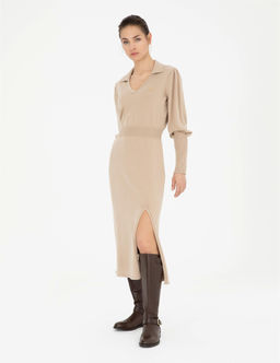 Krem Regular Fit Triko Elbise