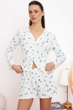 Beyaz %100 Pamuklu Cicek Desenli Baby Overloklu H?rkal? Orme Pijama Tak?m? THMSS26PT00014
