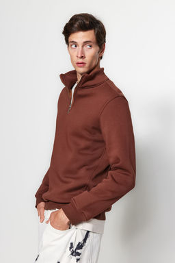 Kahverengi Regular/Normal Kesim Dik Yaka Fermuarl? Pamuklu Basic Ici Polar Sweatshirt TMNAW24SW00041
