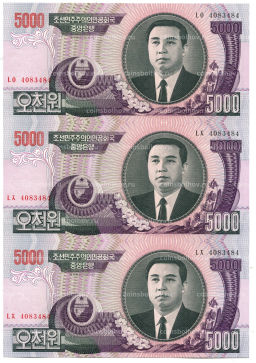 5000 вон 2006 года Северная Корея  Лист из трех банкнот