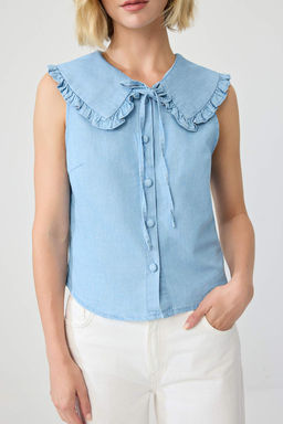 A__k Mavi Yaka Detayl_ Denim Bluz TWOSS26BZ00937