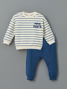 Bisiklet Yaka ?izgili Erkek Sweatshirt ve E?ofman Alt 2li