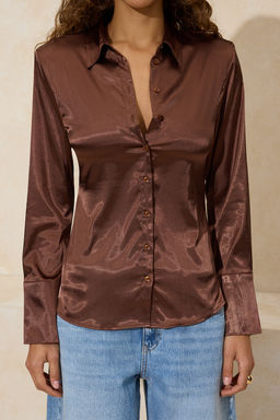 Kahverengi Hafif Bele Oturan Saten Vatkal? Gomlek TWOSS26GO00025 - Trendyolmilla фото 5