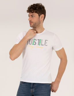 Beyaz Slim Fit Bask_l_ Bisiklet Yaka Ti__rt