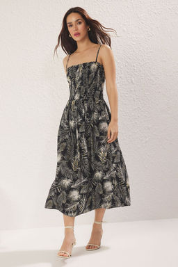 TRENDYOLMILLA Sar? Tropikal Etegi Belden Ac?lan Gipeli Midi Dokuma Elbise TWOSS25EL00579 фото 5