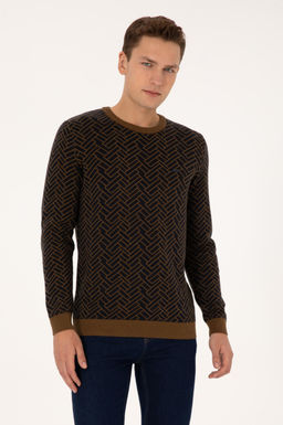 Erkek Slim Fit Bisiklet Yaka Haki Kazak