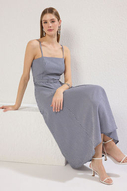 Lacivert Kemerli Potikareli A Kesim Midi Dokuma Elbise TWOSS25EL00296