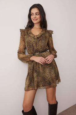 Kahverengi Kemerli Animal Kemerli K?sa / Mini Dokuma Elbise TWOAW26EL00359