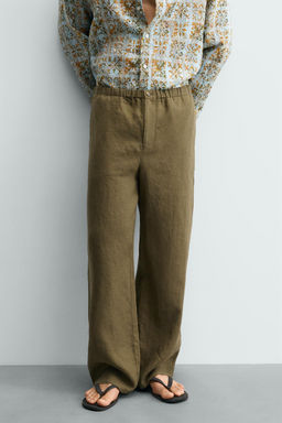PANTAL?N RELAXED FIT 100% LINO / Khaki oscuro